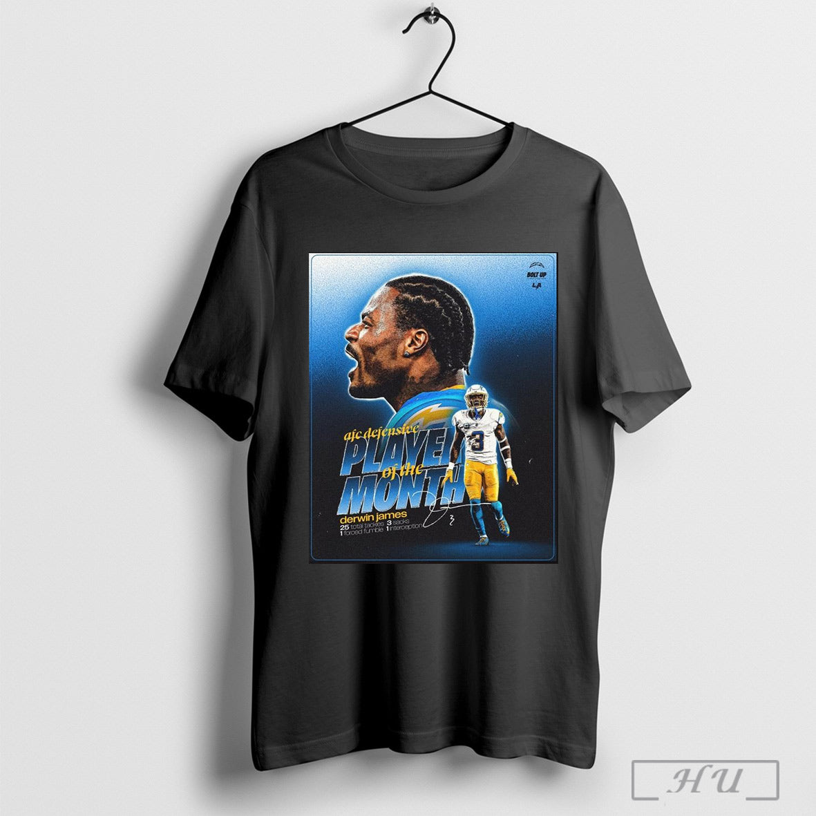 Official Los Angeles Chargers Derwin James Afc Defensive Player Of The Month 25 Total Tackles 3 Sacks Signature Poster T Shirt