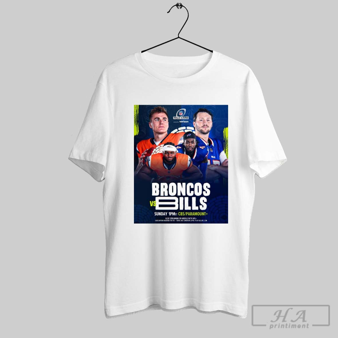 Official Poster Denver Broncos Vs Buffalo Bills Nfl Football Wild Card Sunday January 12 2025 On Cbs Drop Score Prediction T Shirt