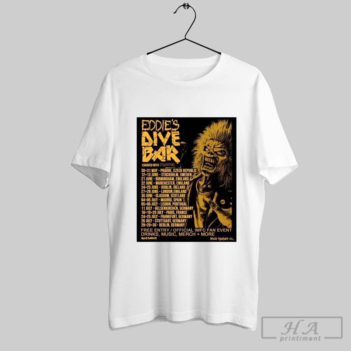 Official Poster Iron Maiden Eddies Dive Bar Charged With Trooper Tour 2025 T Shirt