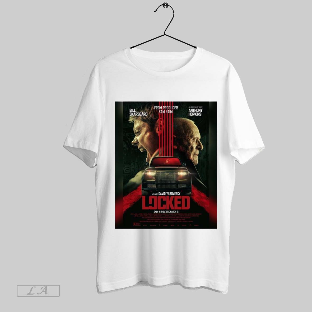 Original Poster A Film By David Yarovesky Locked In Theaters March 21 2025 Bill Skarsgard Anthony Hopkins T Shirt Sweatshirt Hoodie Shirt