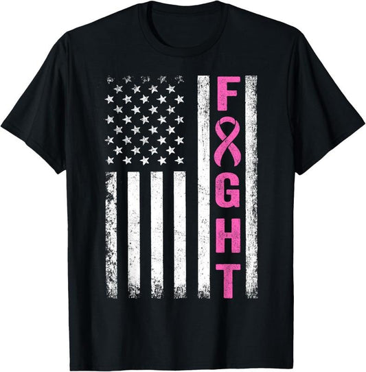 100% Cotton Fight Breast Survivor American Flag Breast Cancer Awareness T-Shirt
