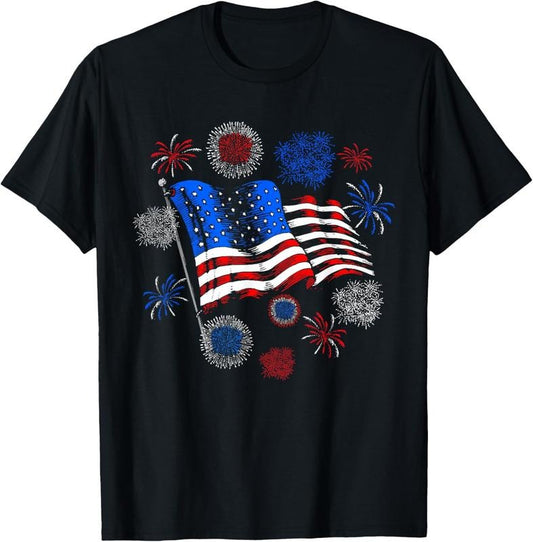100% Cotton Fireworks 4th of July American Flag Patriotic Sparklers T-Shirt