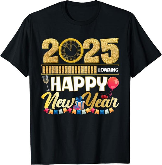 100% Cotton Happy New Year 2025 Loading Clock New Year's Eve Party T-Shirt
