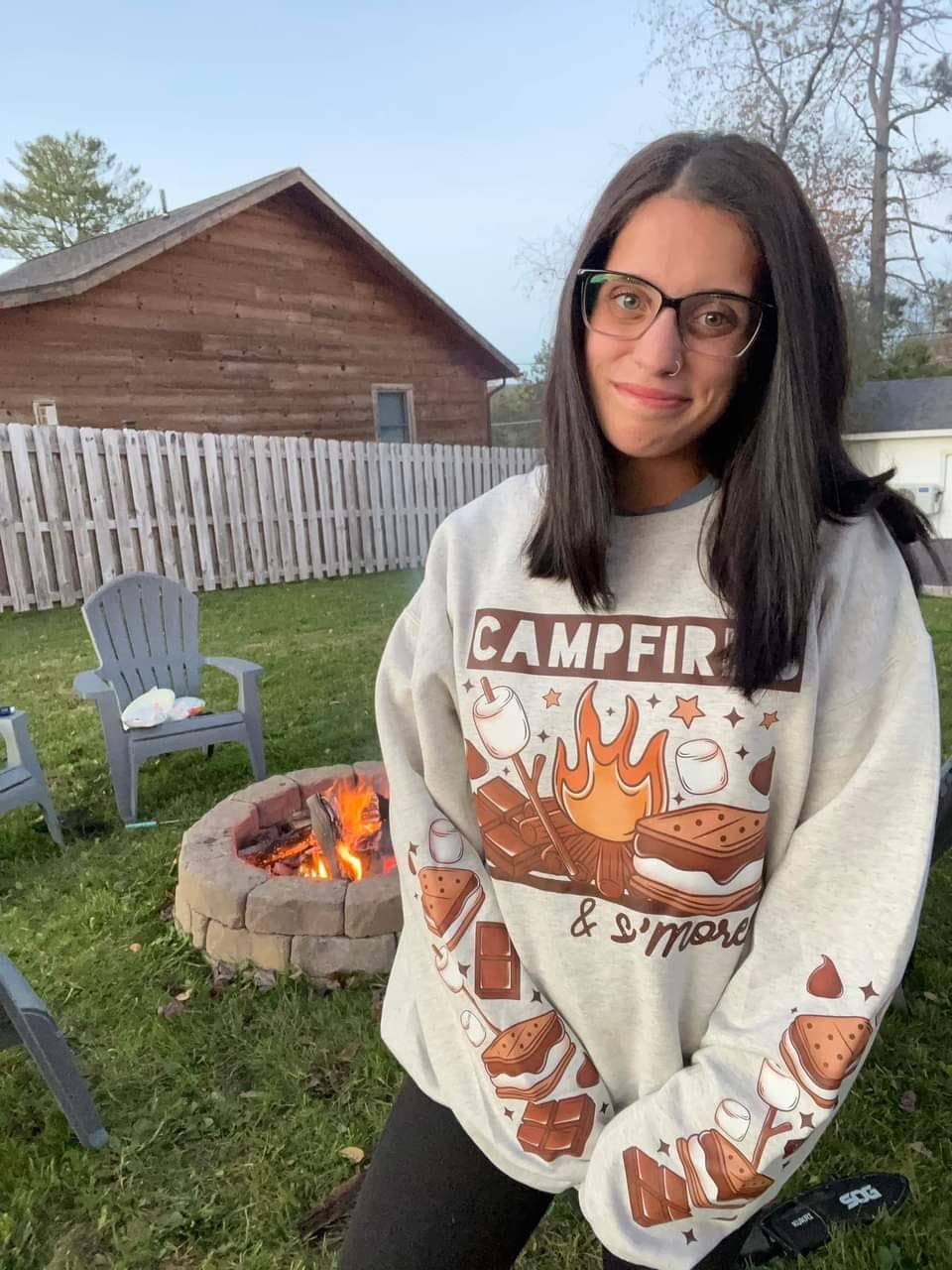 CAMPFIRE & SMORES SWEATSHIRT W/ SLEEVE PRINT T-Shirts, Hoodie | TeeSparky.com (Image 1)