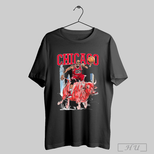 Chicago Basketball Player Riding A Bull With City Skyline Graphic T Shirt Sweatshirt