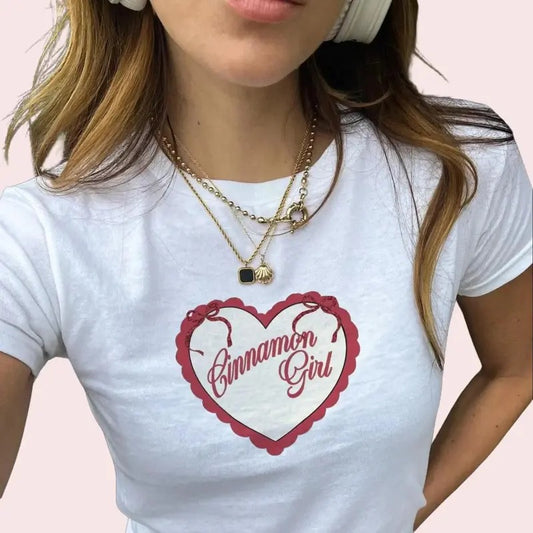 Cinnamon Girl Baby Tee Cotton Women's Trending Shirt Coquette Aesthetic Baby Tee Heart Romantic Red Shirt Vintage