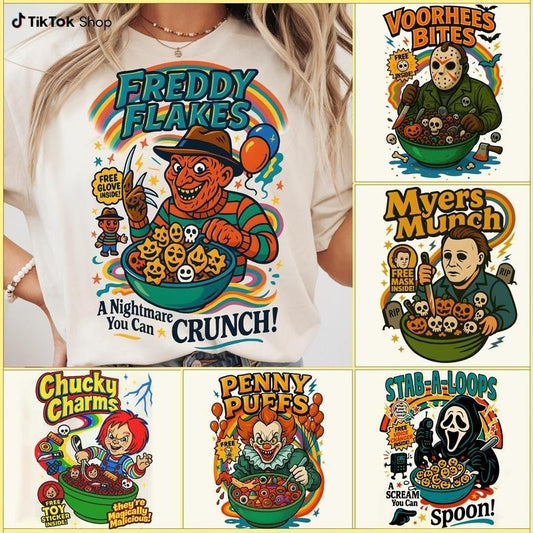 Funny Meme Halloween Graphic T-Shirt, Horror Character Tee, Retro Horror Shirt, Horror Cereal Shirt, Halloween Movie Casual Round Neck