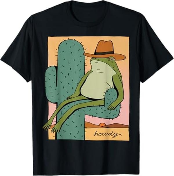 Funny Meme Shirts For Men, Funny Howdy Cactus Frog Hat Tee Meme Cute T-Shirt Menswear Top