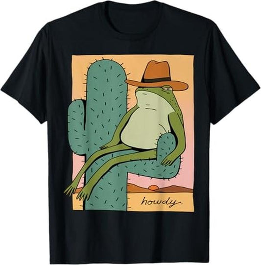 Funny Meme Shirts For Men, Funny Howdy Cactus Frog Hat Tee Meme Cute T-Shirt Menswear Top