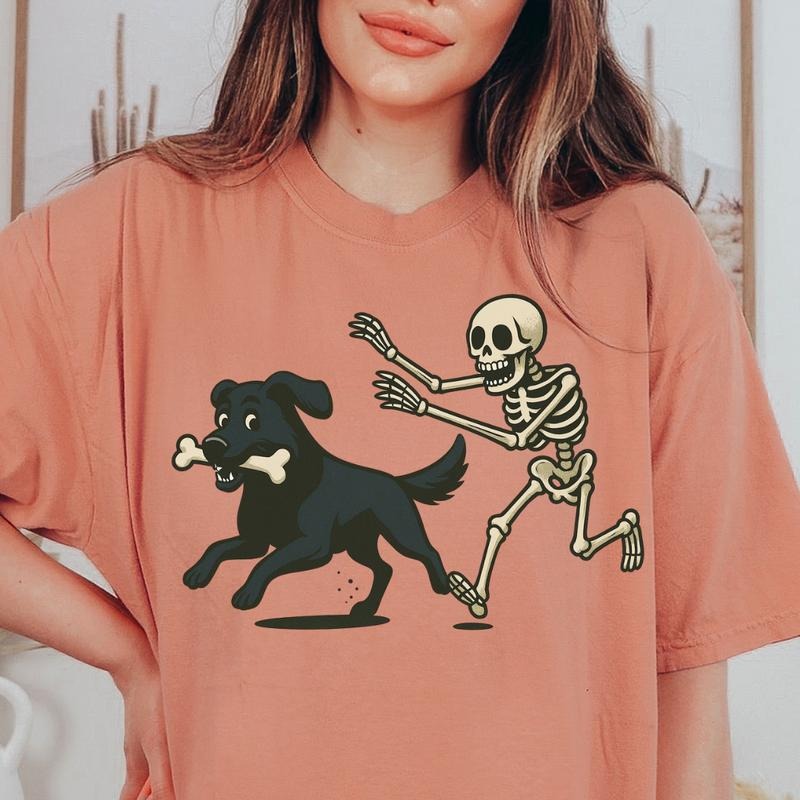 Funny Skeleton Chasing Black Lab Dog Halloween T-Shirt | Spooky Graphic Tee Comfort Colors Style Hoodie Sweatshirt