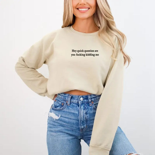 Hey Quick Question Are You Kidding Me Long Sleeve Sweatshirt, Embroidered Unisex Cotton Sweater, Funny Sarcastic Crewneck Sweatshirt