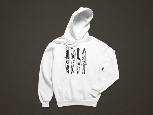 Horror Movie Halloween Hoodie, Long Sleeve Spooky Season Sweatshirt, Scary Movie Characters Festive Graphic Sweater, Pullover Sweaters