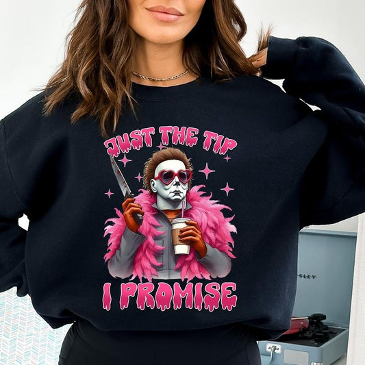 Just The Tip I Promise - Michael Myers Crewneck Sweatshirt, Spooky Season Sweatshirt, Funny Halloween Sweater, Horror Movie Shirt, Scary Movie Sweatshirt, Halloween Gift Shirt, Halloween Tee, Funny Gift For Her Womenswear Long Sleeve Tops skeleton shirt