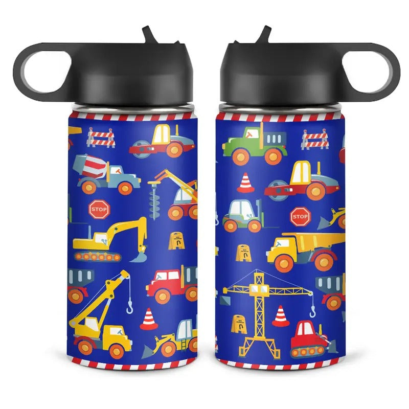 Kids Water Bottle with Straw Construction Insulated Water Bottles 12oz Stainless Steel Travel School Tumbler Double Wall...