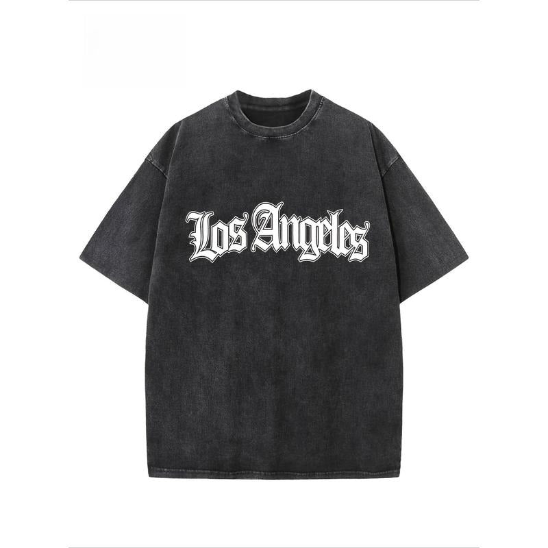"LOS ANGELES" Creative Pattern Printing Heavy 230g Pure Cotton Oversized Drop Shoulder T-shirt Washed T-shirt Retro Street T-shirt Basic T-shirt Loose Hip-hop Unisex Top Acid Wash T-shirt