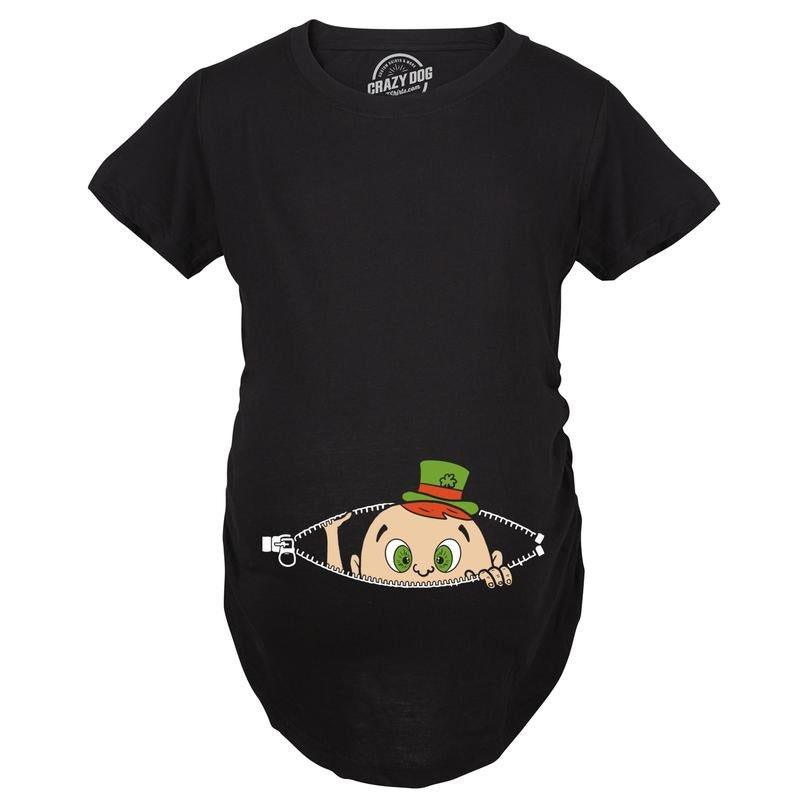 Maternity Peeking St Patricks Day Baby Funny T Shirt Saint Patty New Pregnancy Funny Graphic Maternity Tee Cute Pregnancy Tees With Plus Sizes Saint Patrick's Day Maternity Wear Funny Maternity Short Black