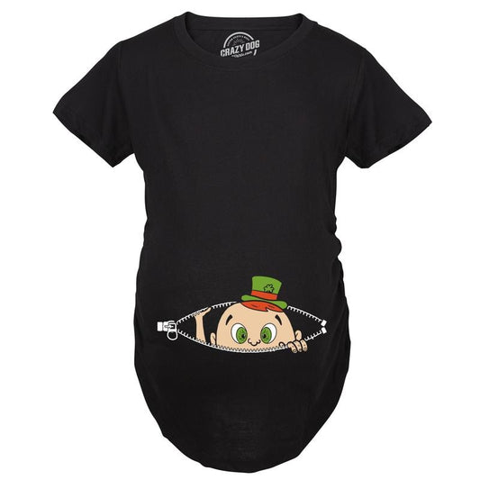 Maternity Peeking St Patricks Day Baby Funny T Shirt Saint Patty New Pregnancy Funny Graphic Maternity Tee Cute Pregnancy Tees With Plus Sizes Saint Patrick's Day Maternity Wear Funny Maternity Short Black