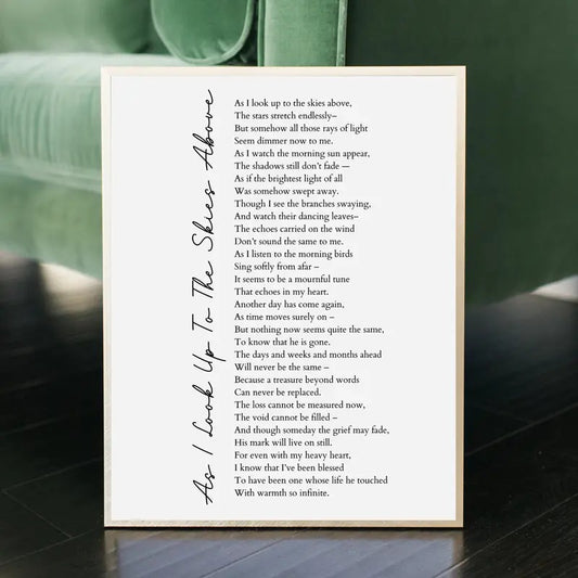 Memorial Gifts Ideas, Memorial Poster Prints, As I Look Up To The Skies Above Poem, Grief Quote, A Letter From Heaven, Bereavement Messages, Sympathy Gift, Gifts For Loss Of Loved One, Condolence Gifts For Anniversary Landscape Photo Ornaments Decoration