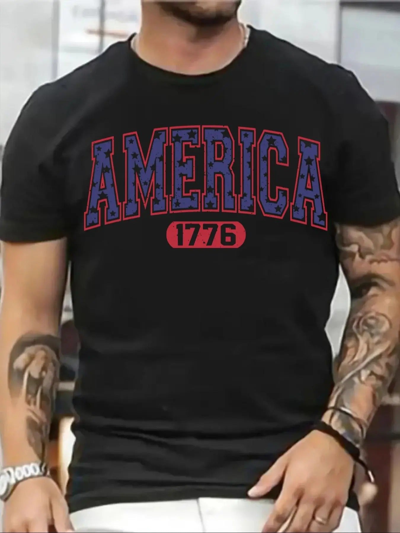 Men's "1776" & Letter Print Round Neck Tee, Regular Fit Casual Short Sleeve T-shirt, Men's Summer Top for Daily Wear...