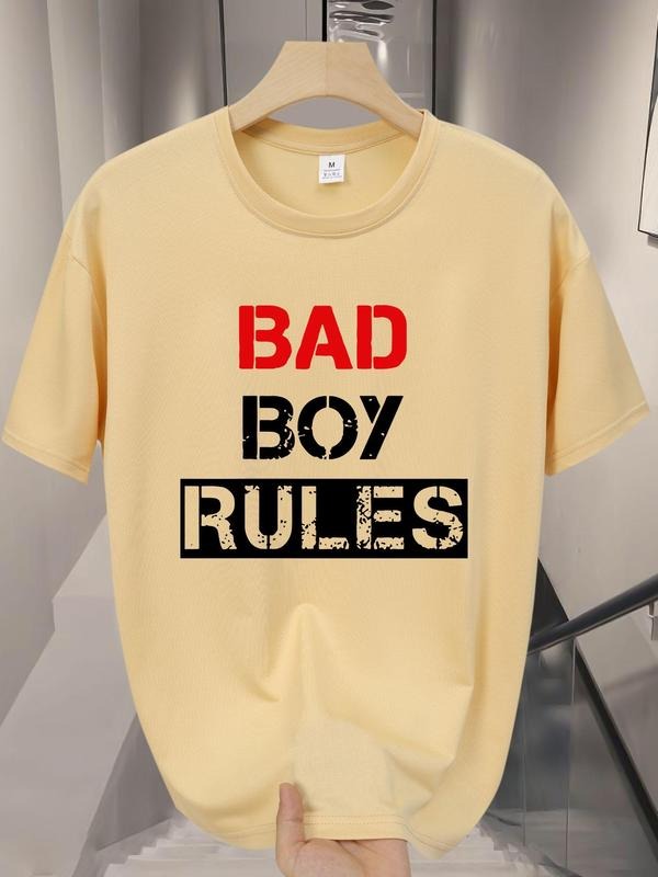 Men's "Bad Boy Rules" Slogan Print Round Neck Tee, Regular Fit Casual Short Sleeve T-shirt for Summer, Men's Top for...