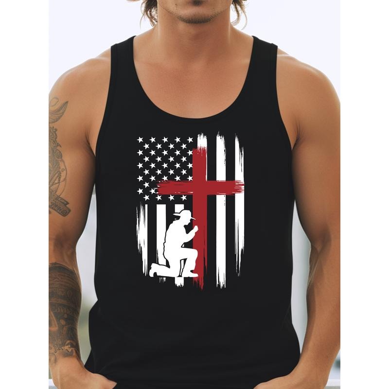 "Men's Vest Merging Patriotism and Faith, Featuring a Silhouette Kneeling in Prayer Against an American Flag