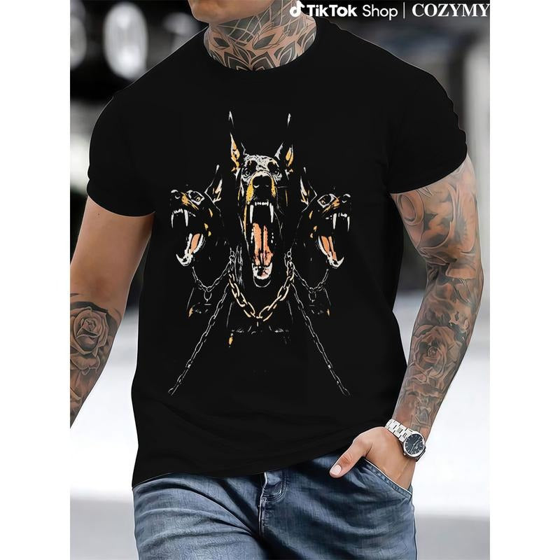Men's vintage washed cotton T-shirt 230 grams, 2024 vintage washed black T-shirt, street style pattern Doberman Labrador...