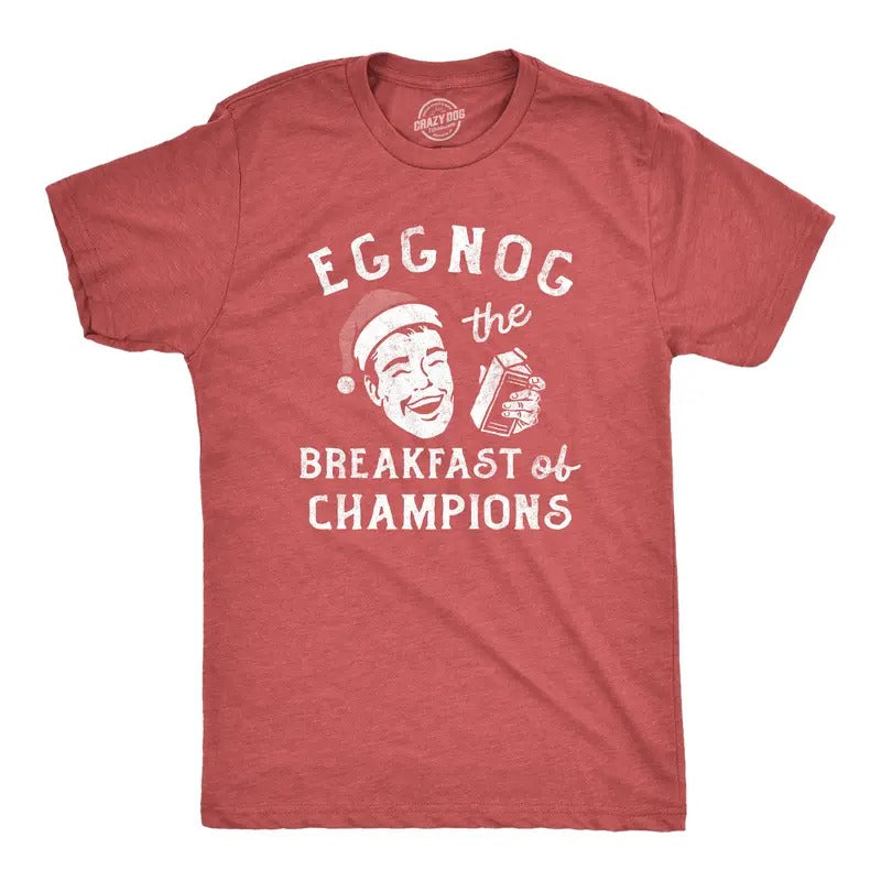 Mens Eggnog The Breakfast Of Champions T Shirt Funny Xmas Drinking Tee for Guys Mens Funny T Shirts Cool Tees Soft Stylish Casual Menswear Christmas Apparel for Men Funny Drinking Short Sleeve Novelty Red -