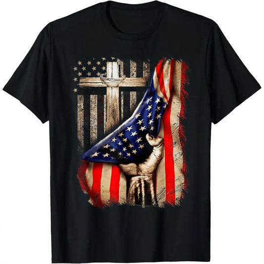 Mens Faith Over Fear Christian Cross American Flag T-Shirt made in usa