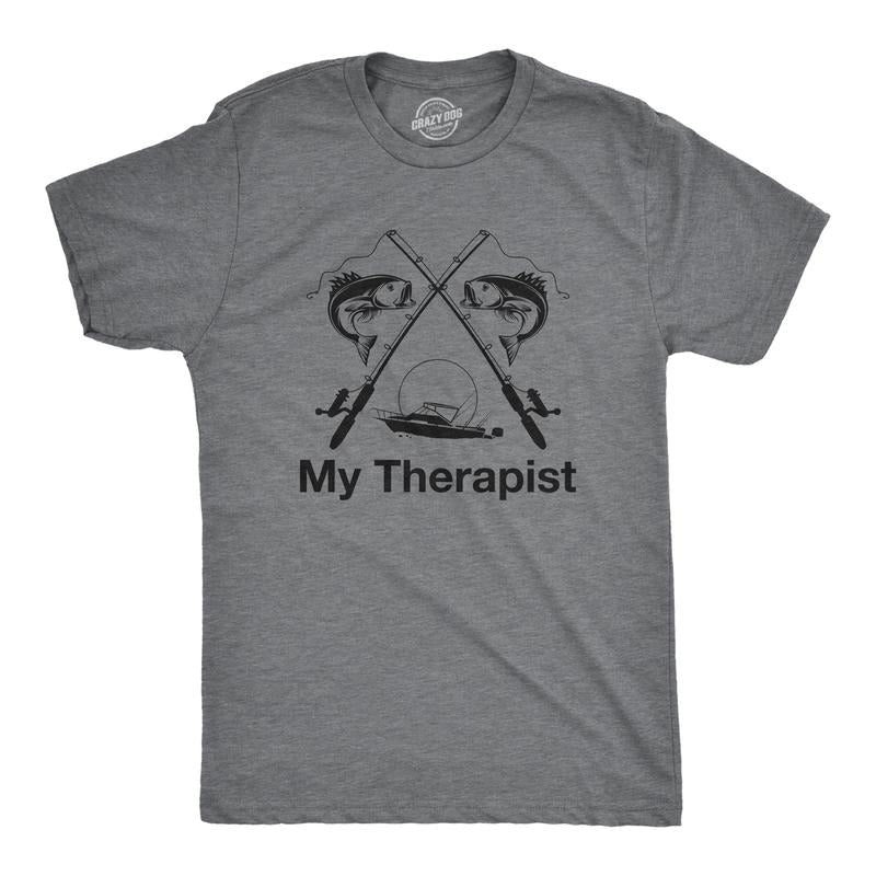 Mens My Therapist Fishing T shirt Funny Angler Fishing Pole Graphic Novelty Tee Mens Funny T Shirts Cool Tees Soft Stylish Casual Menswear Funny Fishing Short Sleeve Novelty Tees for Guys Dark Grey
