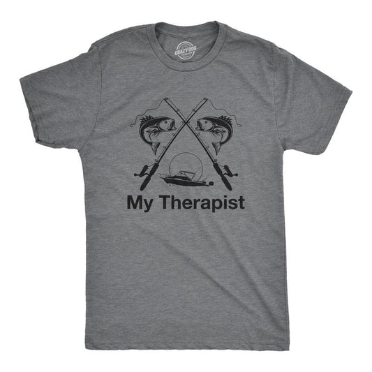 Mens My Therapist Fishing T shirt Funny Angler Fishing Pole Graphic Novelty Tee Mens Funny T Shirts Cool Tees Soft Stylish Casual Menswear Funny Fishing Short Sleeve Novelty Tees for Guys Dark Grey