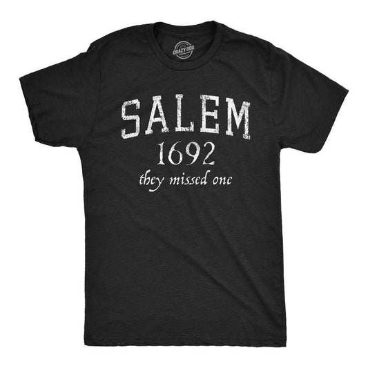 Mens Salem Mass 1692 They Missed One T Shirt Funny Halloween Witch Hunt Joke Tee for Guys Mens Funny T Shirts Cool Tees Soft Stylish Casual Menswear Halloween Apparel for Men Funny Sarcastic Short Black -