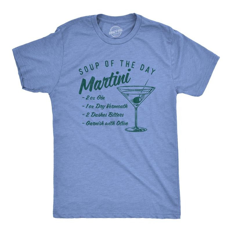 Mens Soup Of The Day Martini T Shirt Funny Cocktail Mixed Drink Recipe Graphic Tee Mens Funny T Shirts Cool Tees Soft Stylish Casual Menswear Liquor Apparel for Men Funny Drinking Short Sleeve Novelty Light Blue