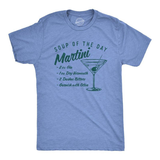 Mens Soup Of The Day Martini T Shirt Funny Cocktail Mixed Drink Recipe Graphic Tee Mens Funny T Shirts Cool Tees Soft Stylish Casual Menswear Liquor Apparel for Men Funny Drinking Short Sleeve Novelty Light Blue