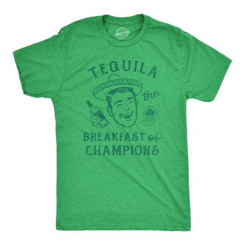Mens Tequila The Breakfast Of Champions T Shirt Funny Liquor Drinking Partying Tee For Guys Mens Funny T Shirts Cool Tees Soft Stylish Casual Menswear Liquor Apparel for Men Funny Drinking Short Green -