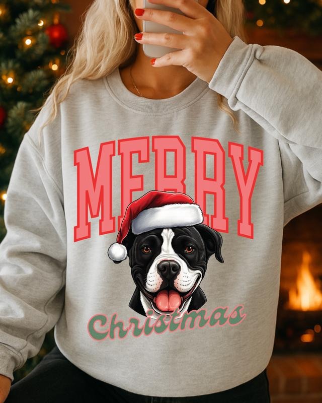 Merry Christmas Black and White Pitbull Sweatshirt, Christmas Dog, Festive Holiday Crewneck, Custom Sweatshirt Shirt Hoodie