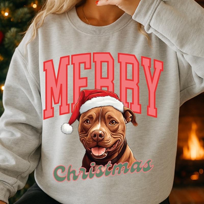 Merry Christmas Brown Pitbull Sweatshirt, Christmas Dog, Festive Holiday Crewneck, Custom Sweatshirt Shirt Hoodie