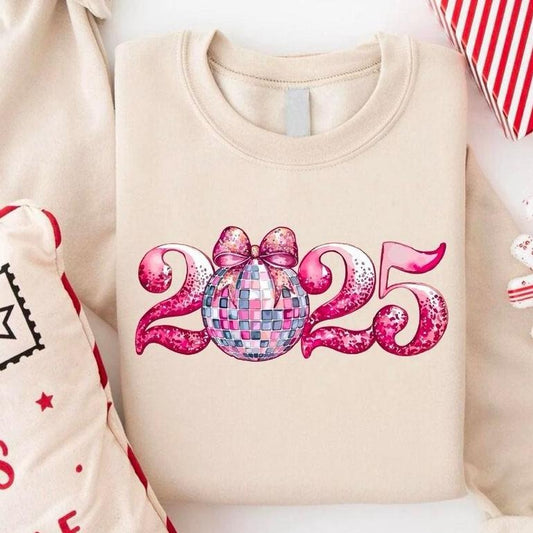 New Year 2025 Sweatshirt, Disco Ball New Year Shirt, Pink Coquette Bow New Year Sweatshirt, Hello 2025 Shirt, New Years Eve Party Shirt, New Year Coquette Sweatshirt