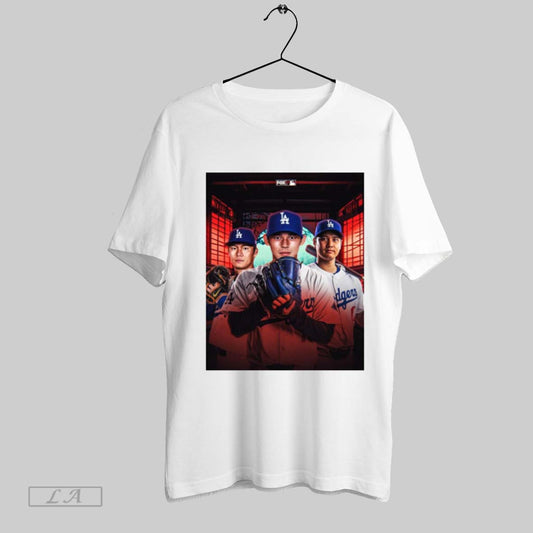 Official Los Angeles Dodgers Mlb Roki Sasaki Joins Shohei Ohtani And Yoshinobu Yamamoto On The Dodgers Poster T Shirt