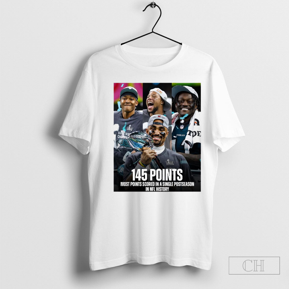 Official Philadelphia Eagles Jalen Hurts A J Brown Saquon Barkley Devonta Smith 145 Points Most Points Scored In A Single Postseason In Nfl History Poster T Shirt