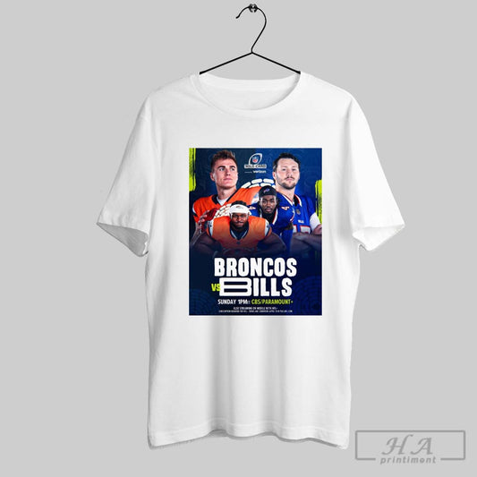 Official Poster Denver Broncos Vs Buffalo Bills Nfl Football Wild Card Sunday January 12 2025 On Cbs Drop Score Prediction T Shirt