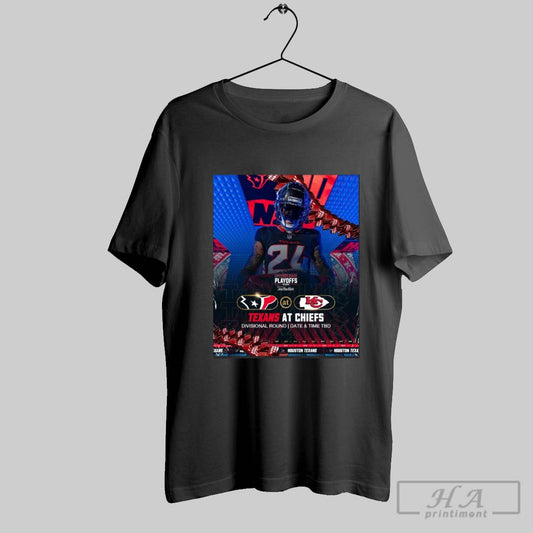Official Poster Derek Stingley Jr Houston Texans At Kansas City Chiefs Divisional Round Date And Time Tbd H Town Made Playoffs 2024 T Shirt