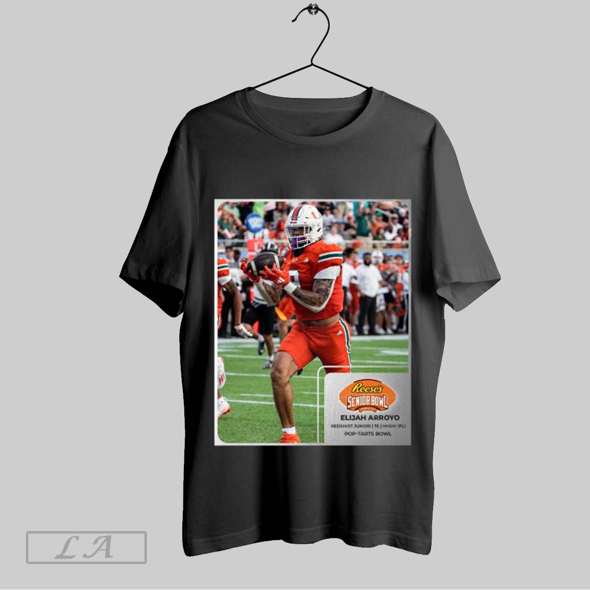 Official Poster Elijah Arroyo Miami Hurricanes Redt Shirt Junior Te Reeses Senior Bowl Pop Tarts Bowl T Shirt