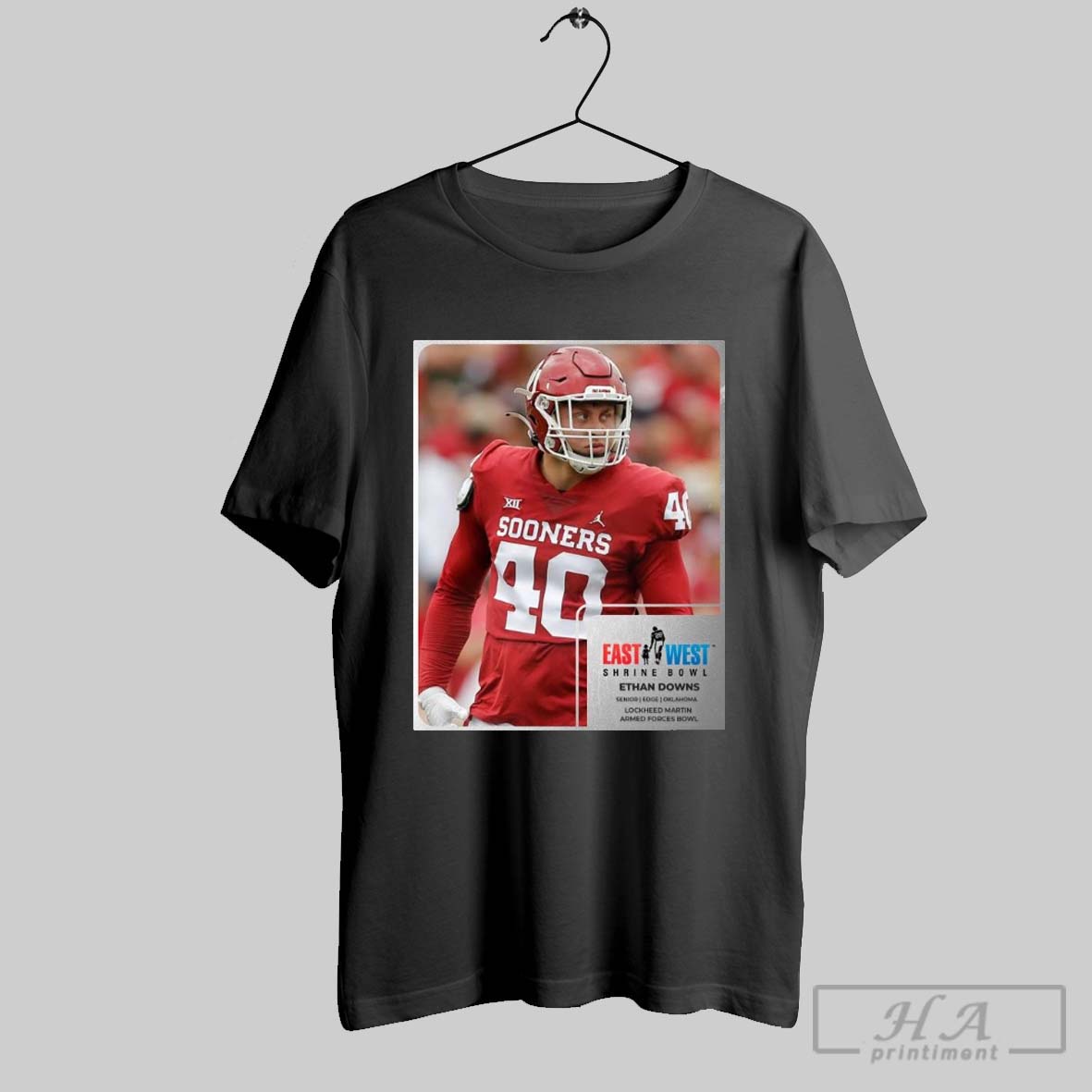 Official Poster Ethan Downs Oklahoma Sooners Senior Edge East West Shrine Bowl Lockheed Martin Armed Forces Bowl T Shirt