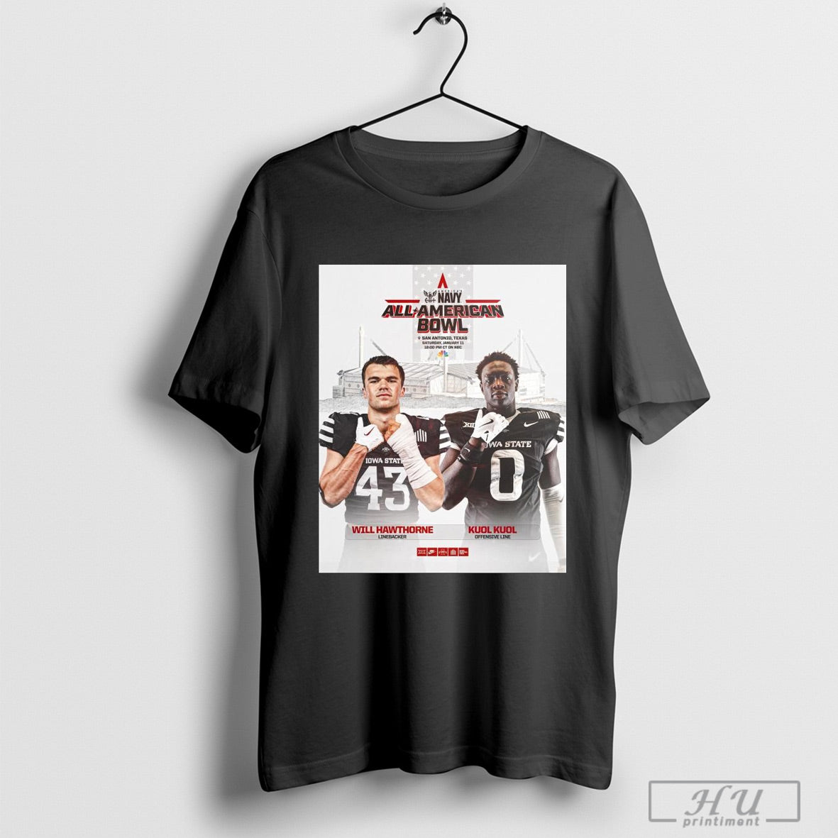 Official Poster Iowa State Cyclones All American Bowl San Antonio Texas Sat January 11 Will Hawthorne And Kuol Kuol T Shirt