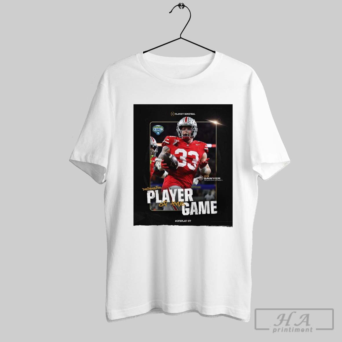 Official Poster Jack Sawyer Ohio State Buckeyes Playoff Semifinal Defensive Player Of The Game T Shirt