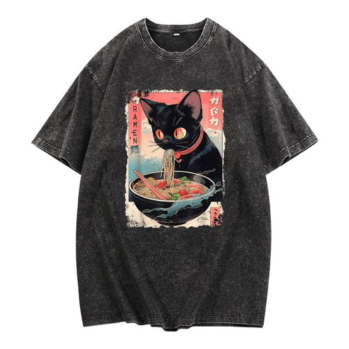"Quirky Washed Men's T - Shirt with a Playful Design, Featuring a Black Cat Eating Ramen and Japanese