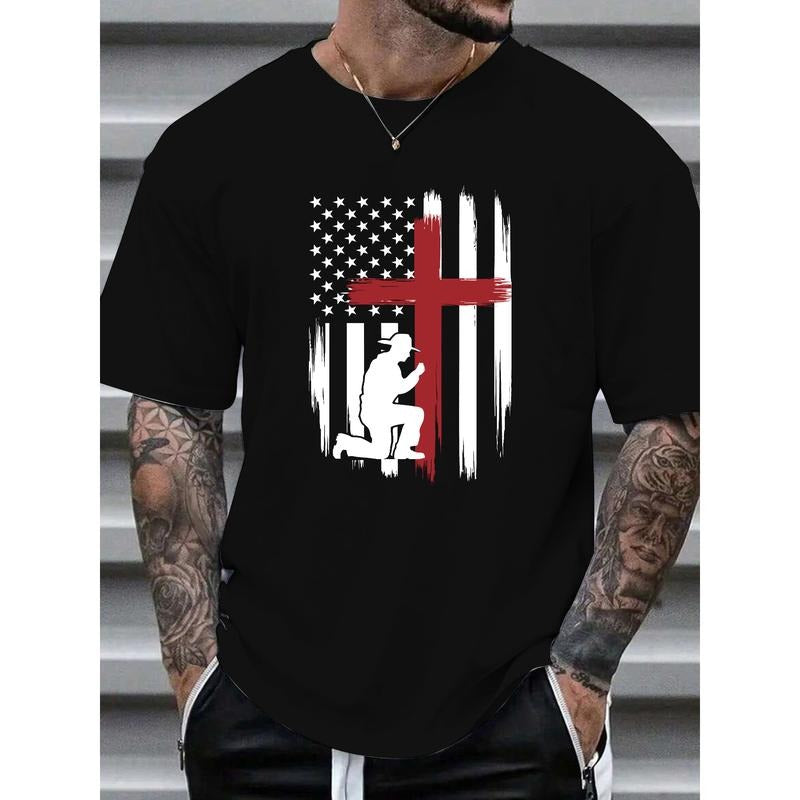 "Respectful Men's T - Shirt Honoring Faith and Country, Showcasing a Symbolic Kneeling Figure on an American Flag
