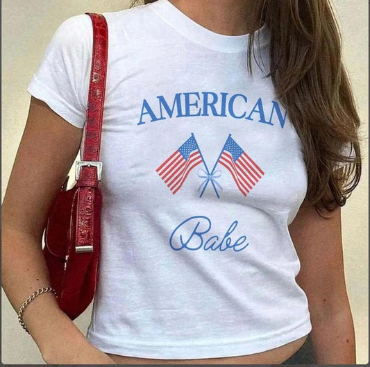 Retro American Babe Baby Tee, USA Flag Baby Tee, USA Independence Day T-Shirt, 4th Of July Baby Tee, Fourth Of July Baby Tee, America Flag Shirt