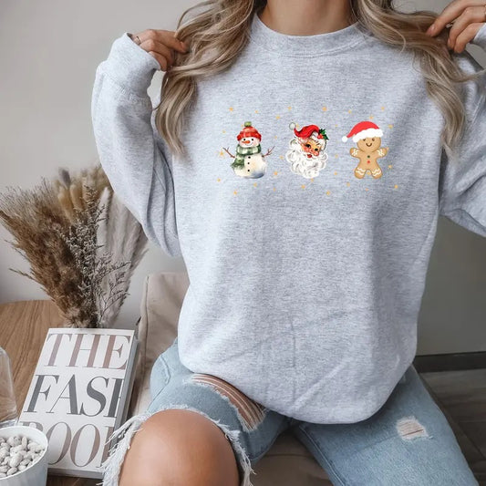 Santa, Snowman, Gingerbread man Christmas Crewneck Sweatshirt Comfortable Soft Womenswear Casual Day Graphics Hoodie