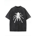 "Spider" Creative Pattern Printing Heavy 230g Pure Cotton Oversized Drop Shoulder T-shirt Washed T-shirt Retro Street T-shirt Basic T-shirt Loose Hip-hop Unisex Top Acid Wash T-shirt